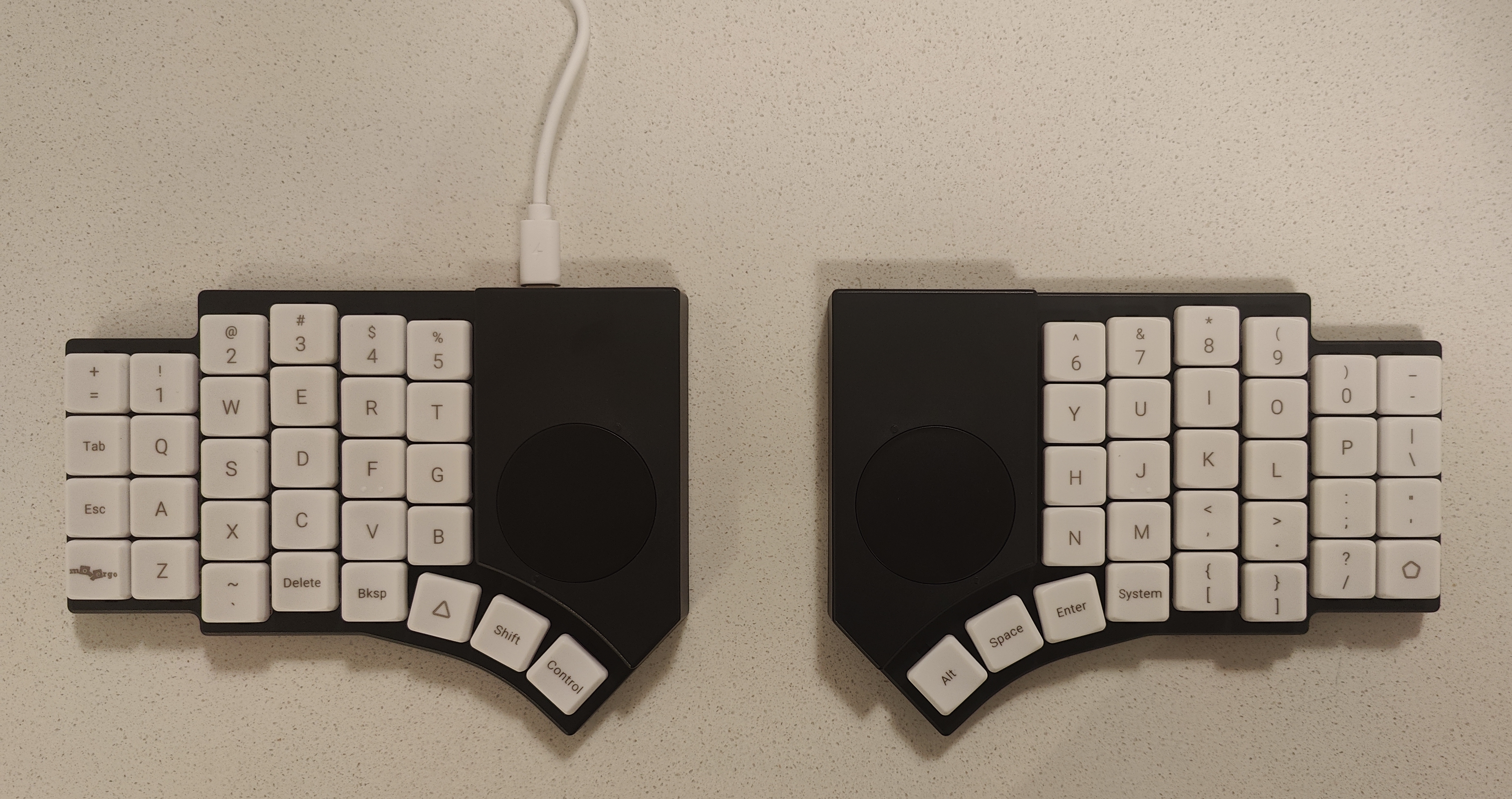 Go60 with USB cable plugged in left half